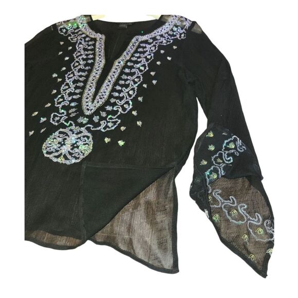 Venus Black Semi Sheer Silk Turquoise  Sequin Embroidered Beaded Tunic S - Picture 5 of 14